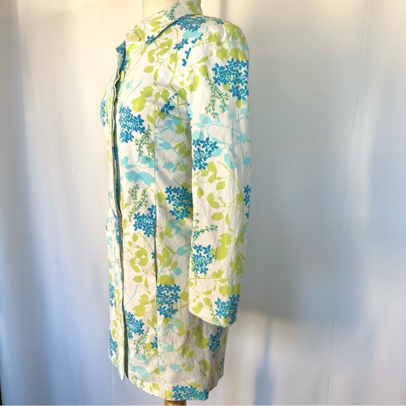 NORDSTROM FLORAL WHITE GREEN BLUE LIGHTWEIGHT KNEE LENGTH TRENCH COAT JACKET Sz6 - Picture 3 of 12
